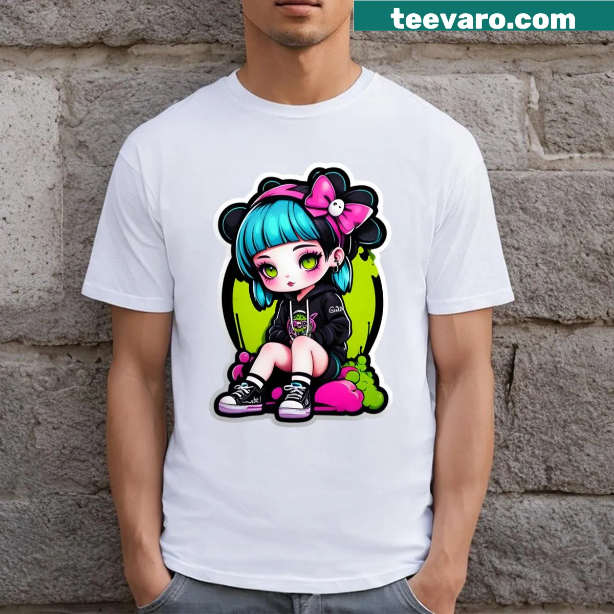 Goth girl graphic T-shirt with intricate detailing and a spooky theme — on a men's t-shirt