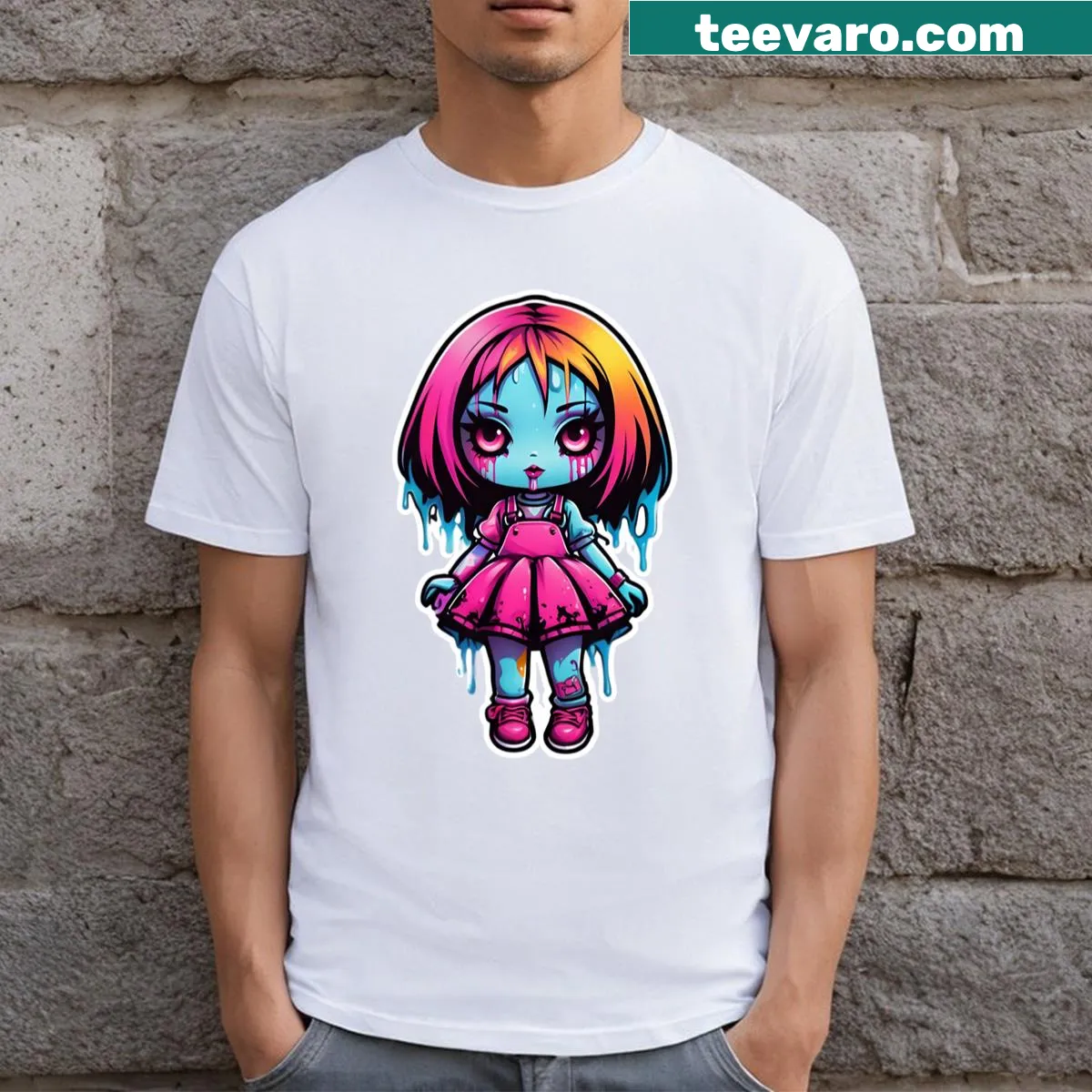 Gothic girl sticker design T-shirt featuring an eerie charm — on a men's t-shirt