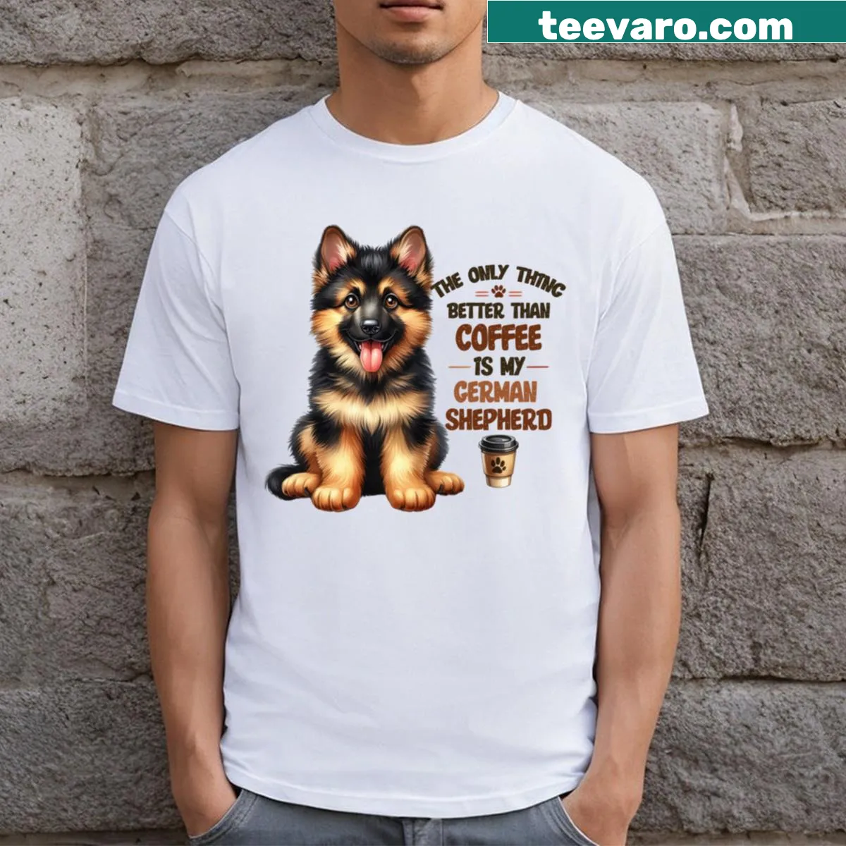 Illustrated German Shepherd with coffee theme t-shirt — on a men's t-shirt