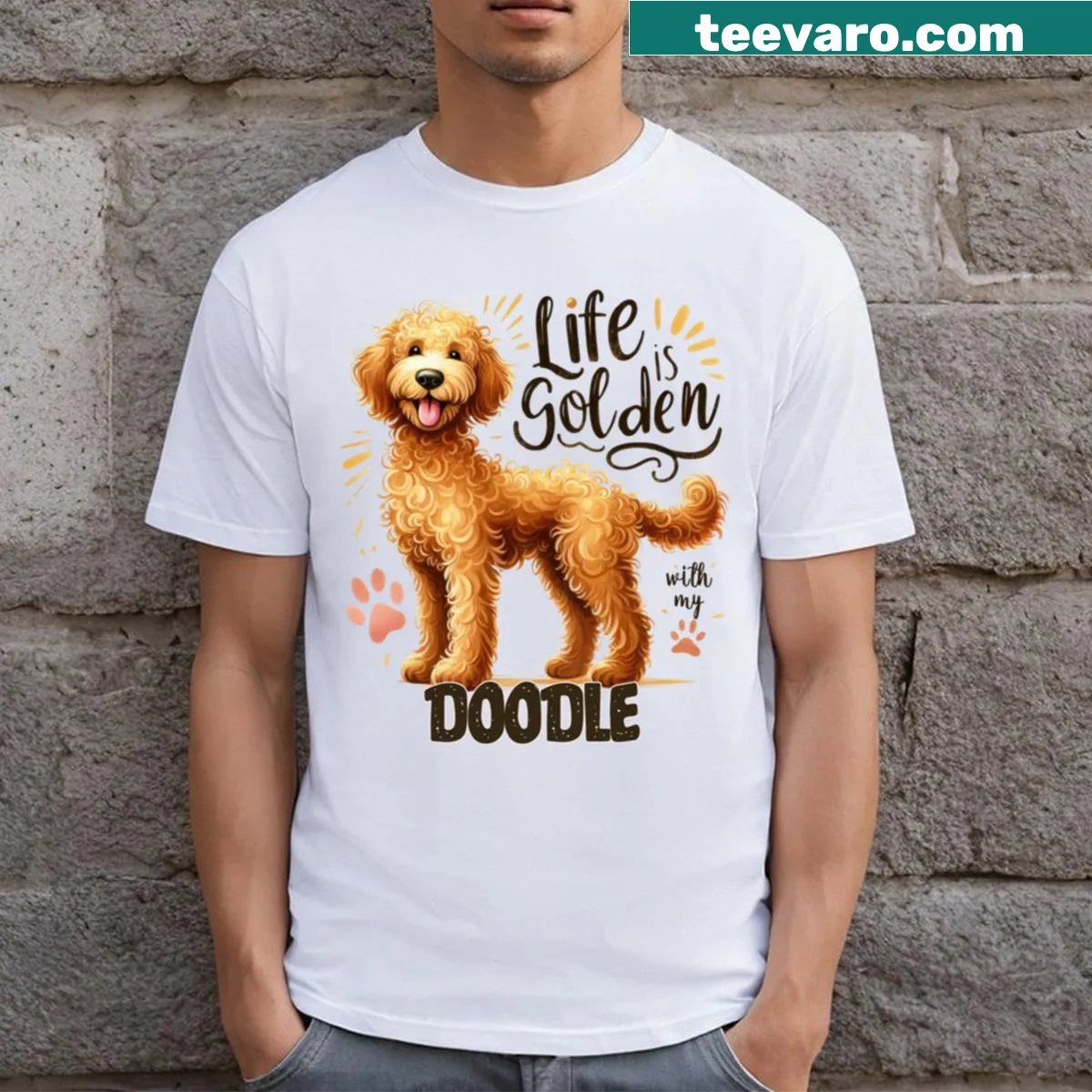 Adorable Golden Doodle dog t-shirt for dog lovers — on a men's t-shirt