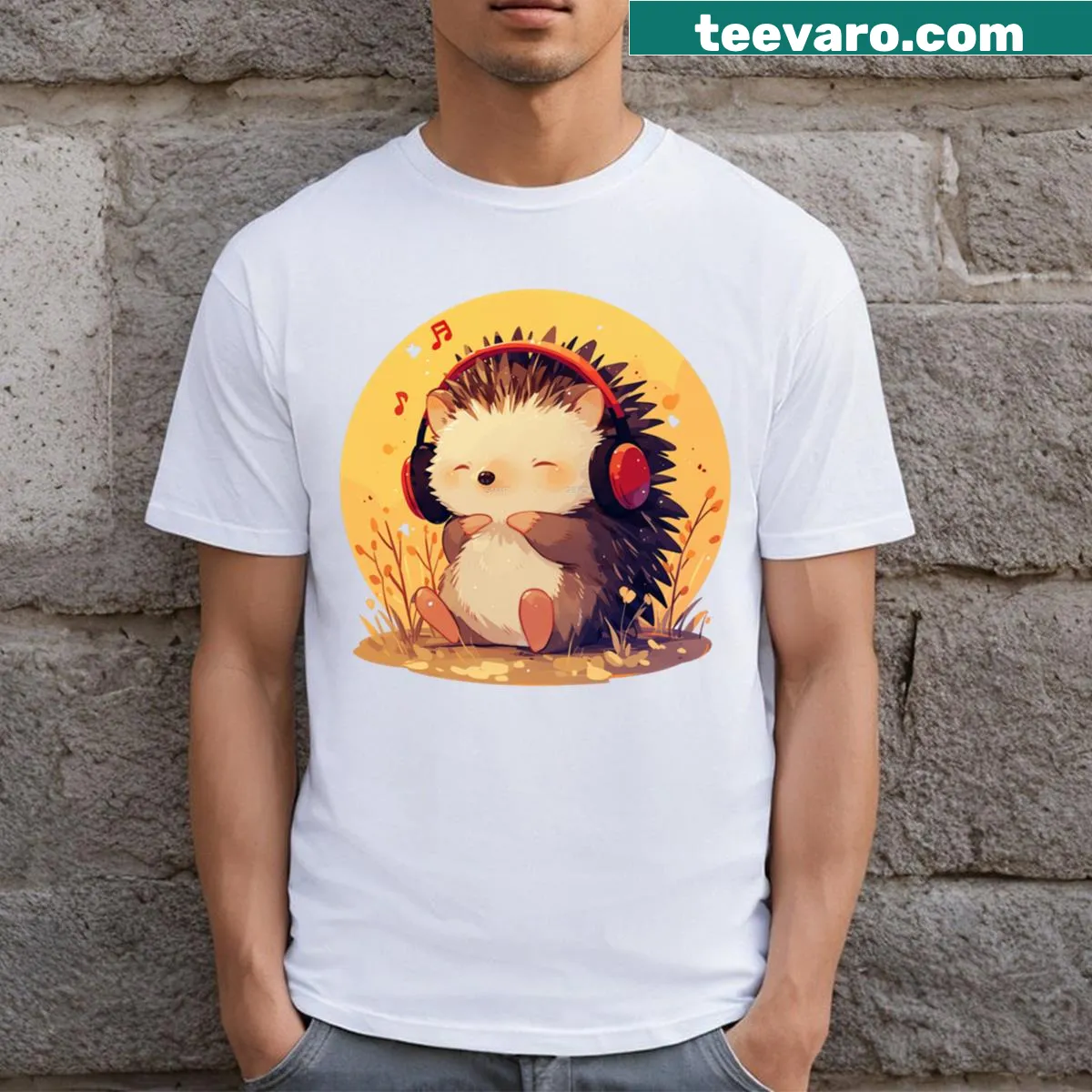 Illustration of a cute hedgehog with headphones and musical notes — on a men's t-shirt
