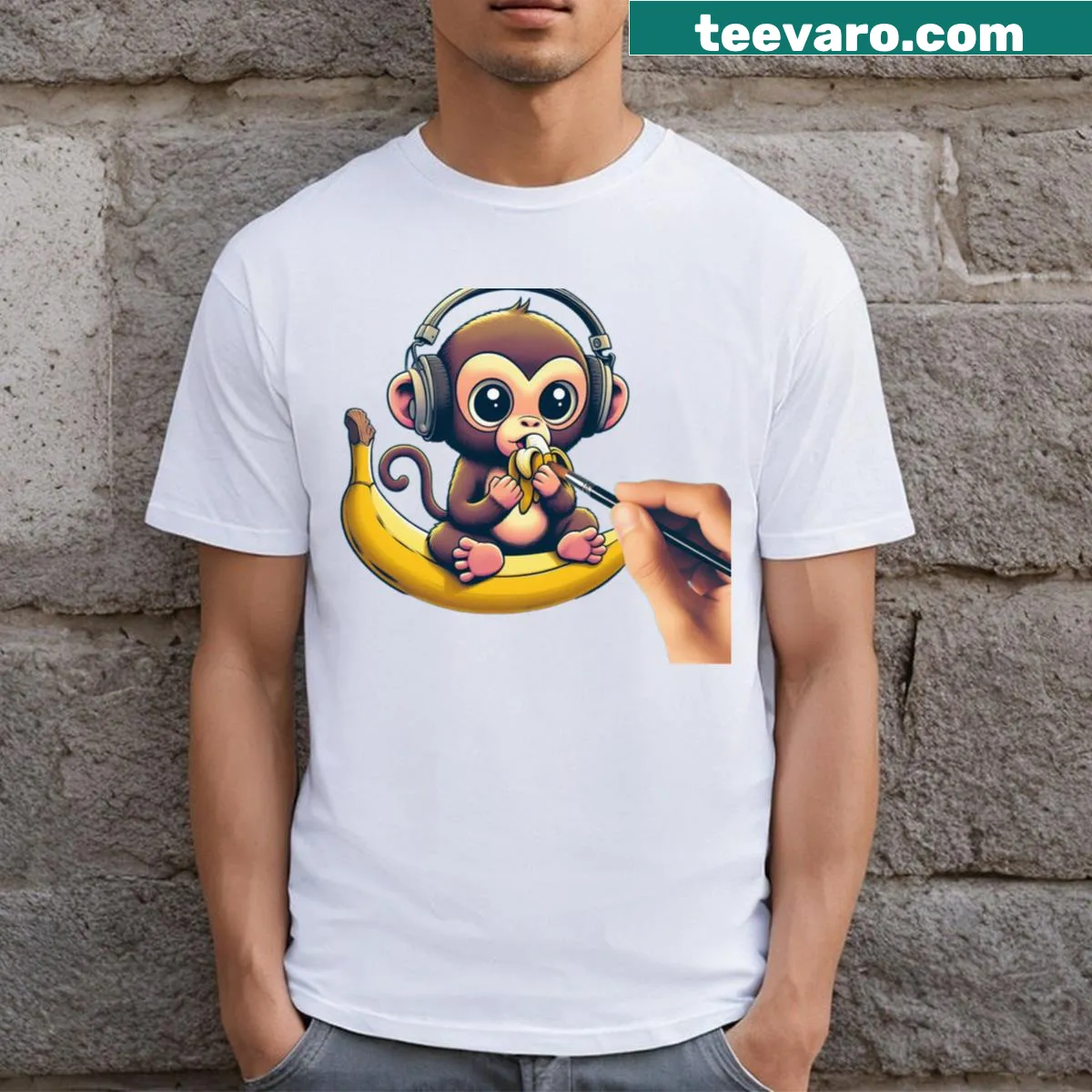 Adorable monkey illustration enjoying music while sitting on a banana. — on a men's t-shirt