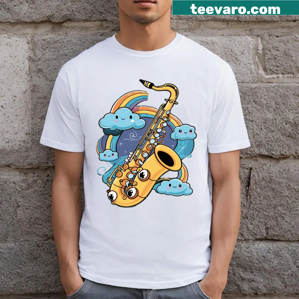 Illustration T-shirt featuring a saxophonist playing tenor saxophone — on a men's t-shirt
