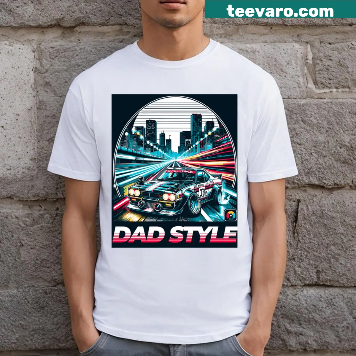 Illustration of a sports car in motion on a dad-themed t-shirt. — on a men's t-shirt