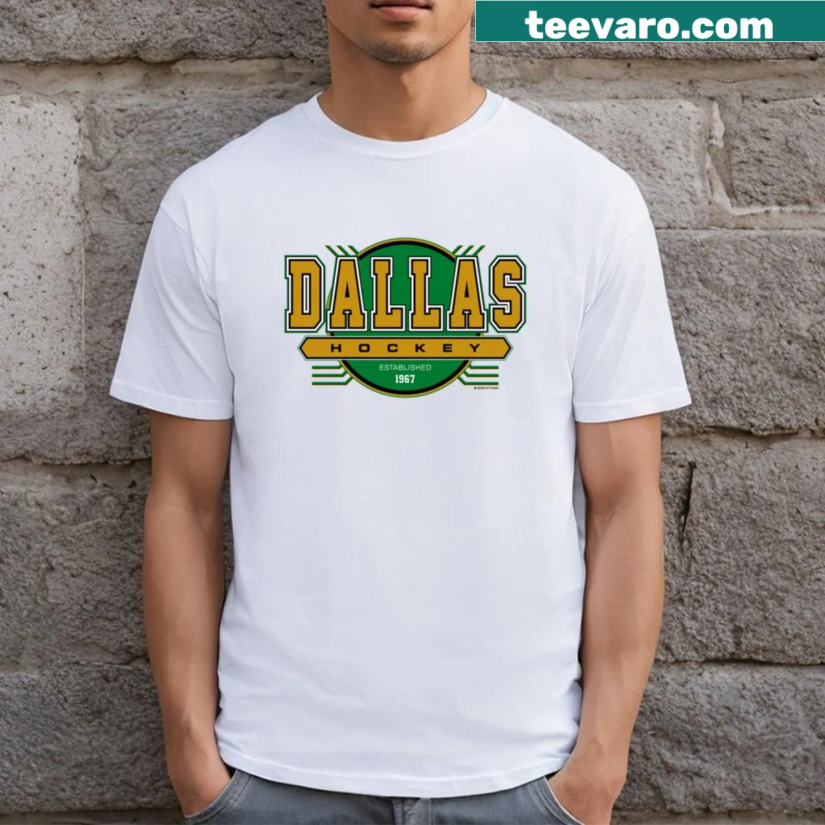 Vintage-inspired T-shirt celebrating the Dallas Stars hockey team. — on a men's t-shirt