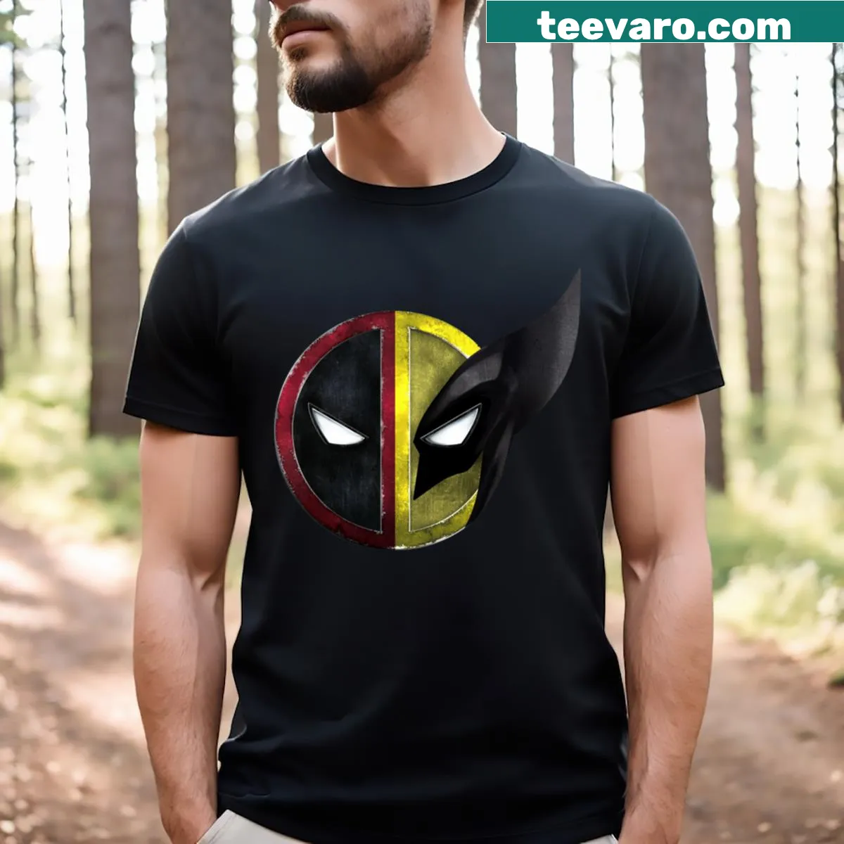 T-shirt featuring a playful design of Deaddpool and Wolvierine together. — on a men's t-shirt