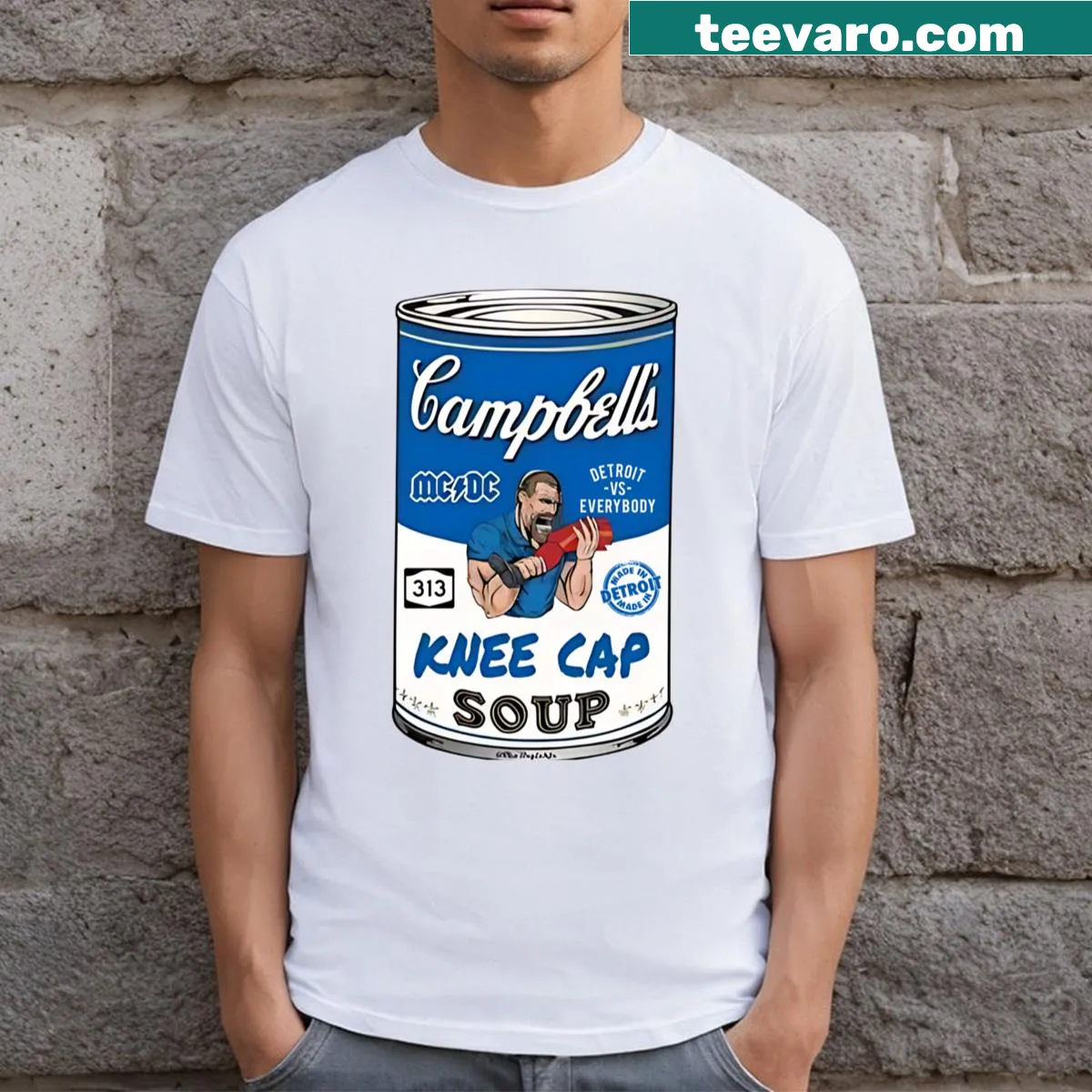 Funny Detroit Lions t-shirt with Kneecap Soup graphic — on a men's t-shirt