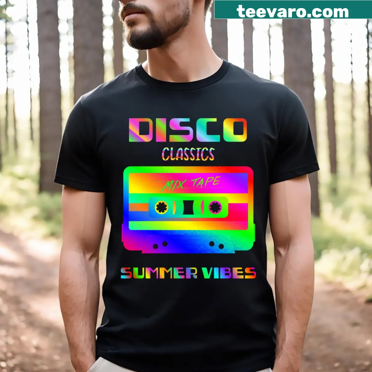 Playful disco-themed summer vibe t-shirt with animated symbols — on a men's t-shirt