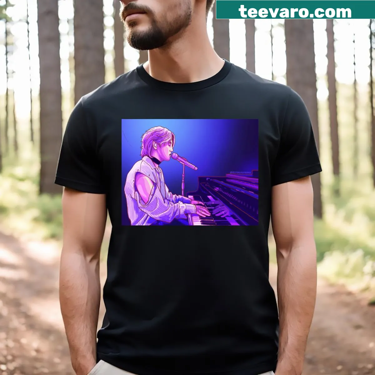 Realistic t-shirt of Donghun playing the piano — on a men's t-shirt
