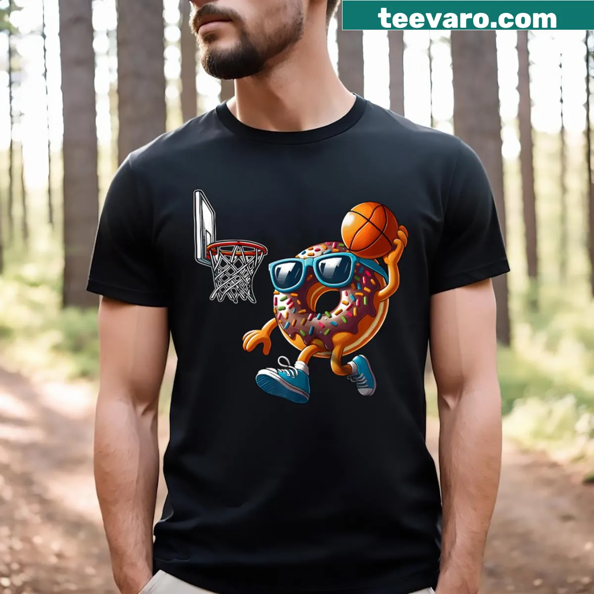 Playful donut character t-shirt for basketball lovers — on a men's t-shirt