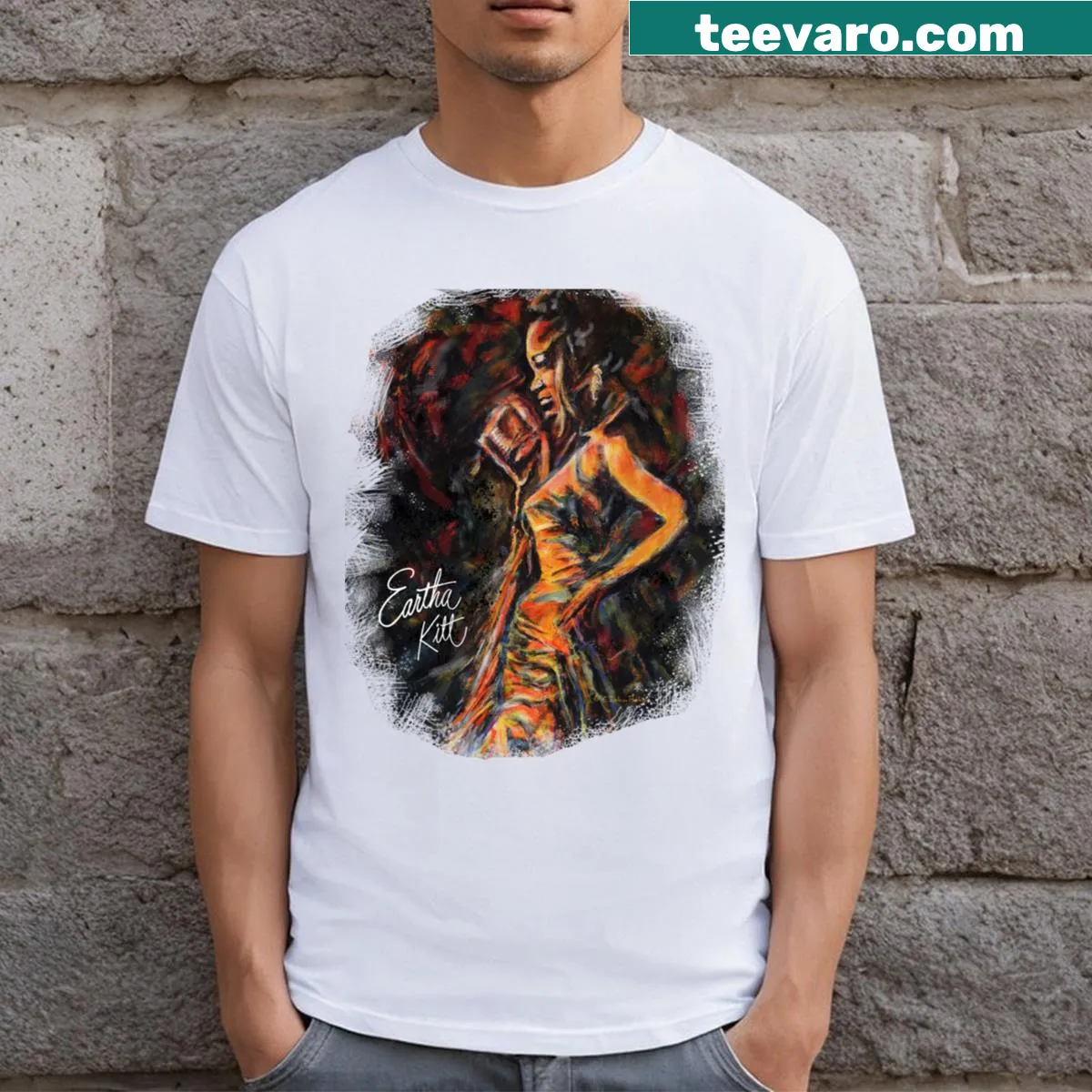 Eartha Kitt T-shirt featuring artistic illustration — on a men's t-shirt