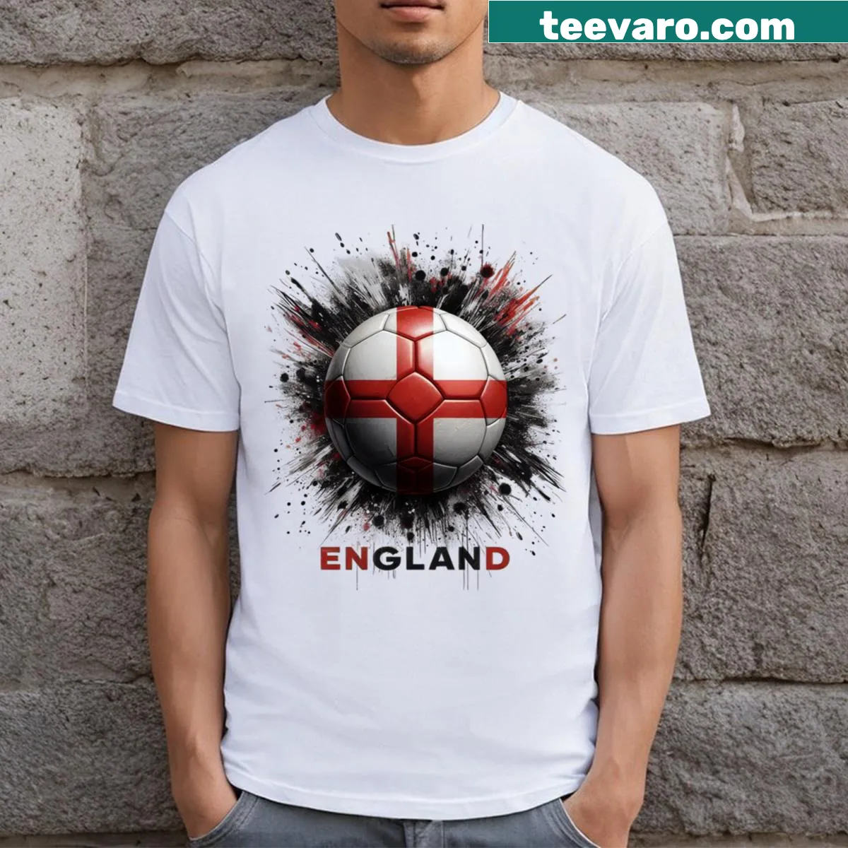 England Football T-shirt with flag and soccer ball design — on a men's t-shirt