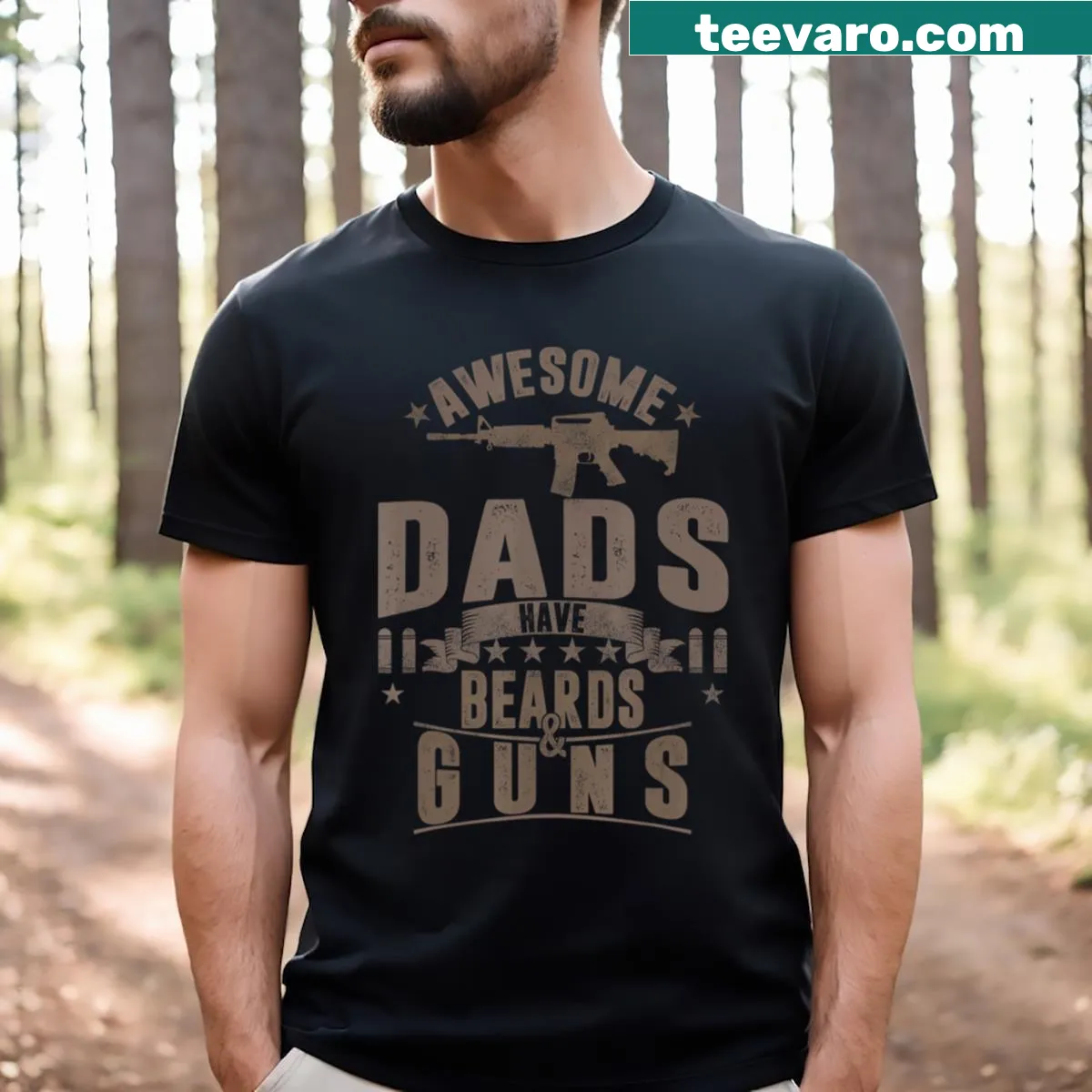 Humorous T-shirt for dads featuring 'Awesome Dads Have Beards & Guns' phrase. — on a men's t-shirt