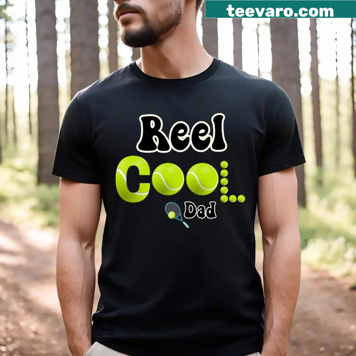 Tennis-themed Cool Dad T-shirt with racket and ball illustration — on a men's t-shirt