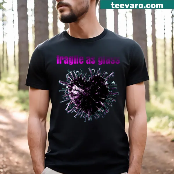 Humorous illustration of a heart made of glass nails on a t-shirt.