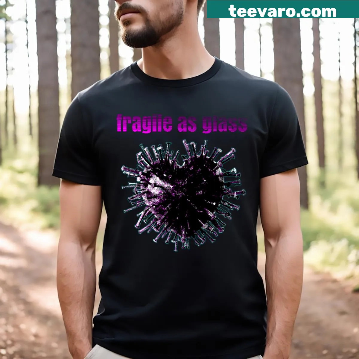 Humorous illustration of a heart made of glass nails on a t-shirt. — on a men's t-shirt