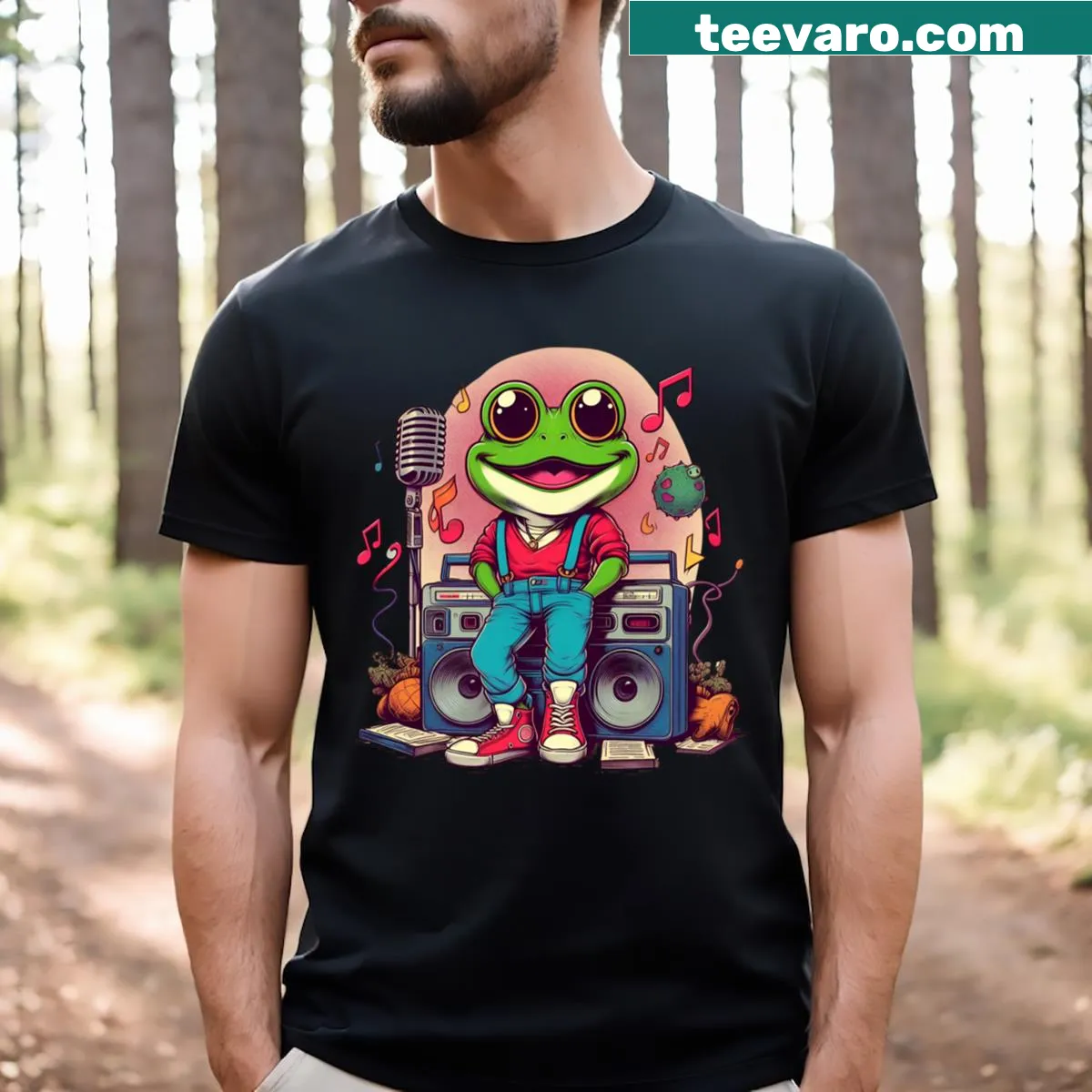 Whimsical illustration of a frog with musical notes on a t-shirt. — on a men's t-shirt