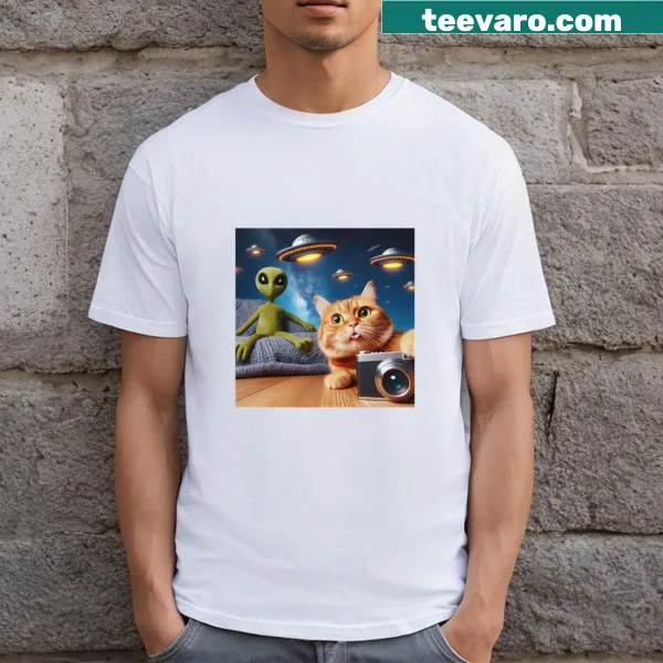 Funny cat with aliens and UFOs graphic on t-shirt