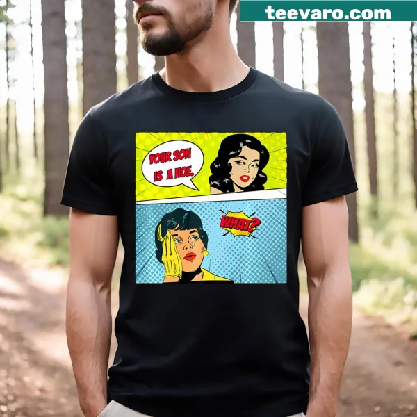 Comic style tee with humorous text about a son.