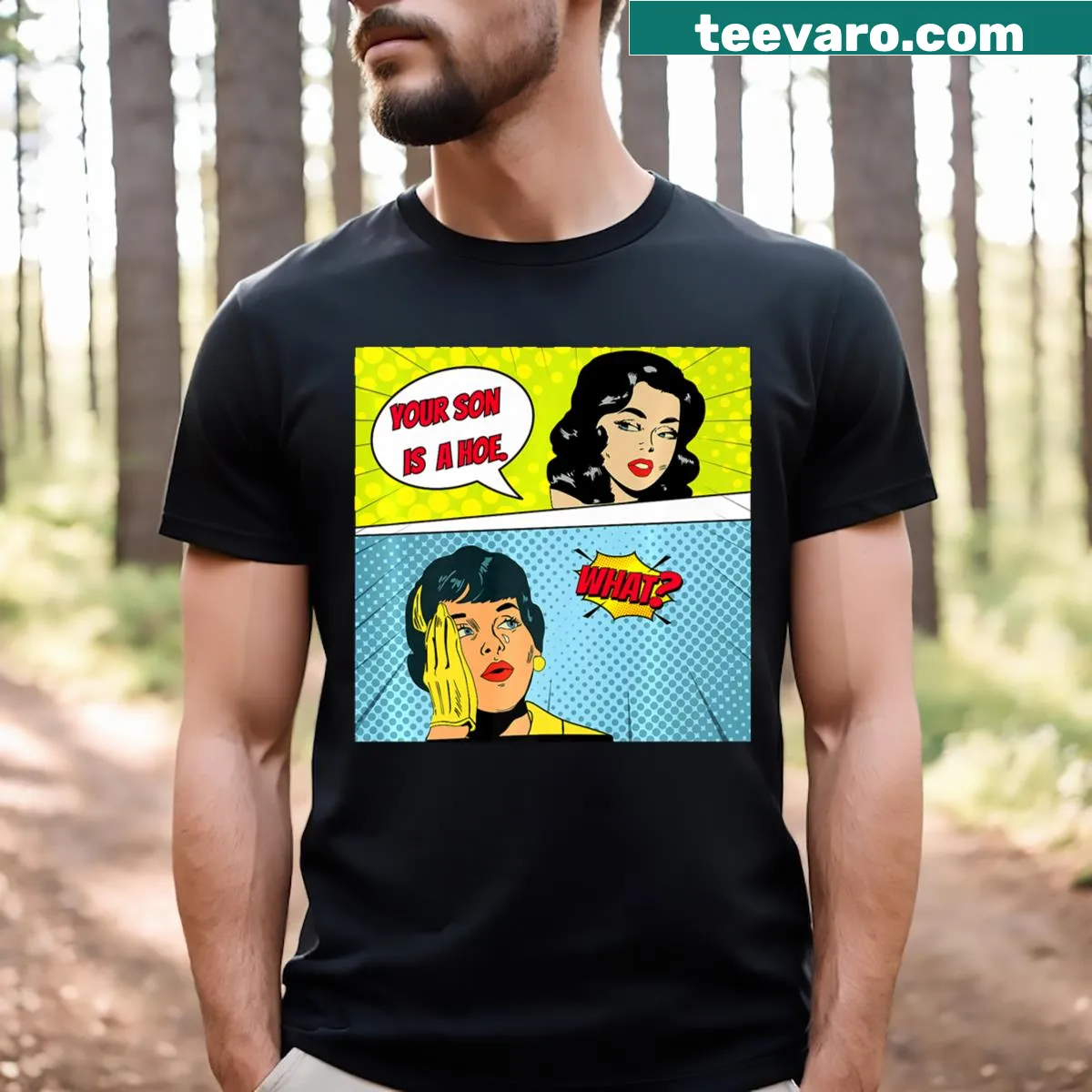 Comic style tee with humorous text about a son. — on a men's t-shirt