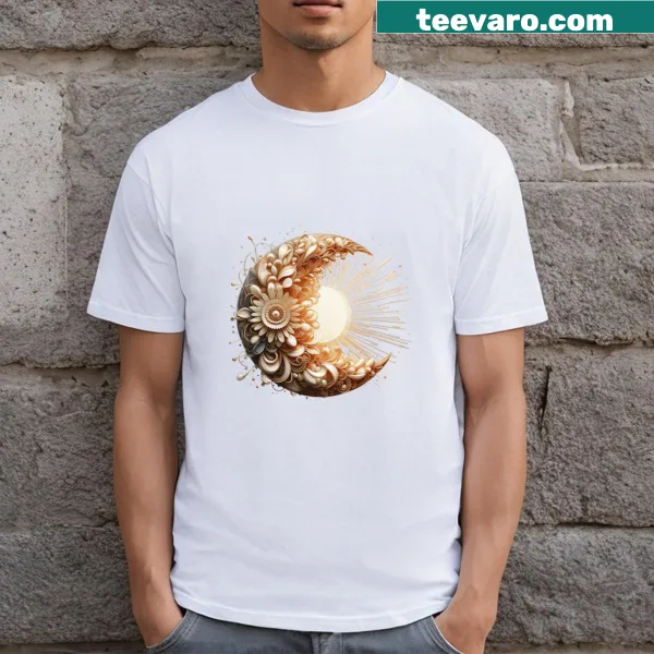 Abstract T-shirt with floral, moon, and sun design