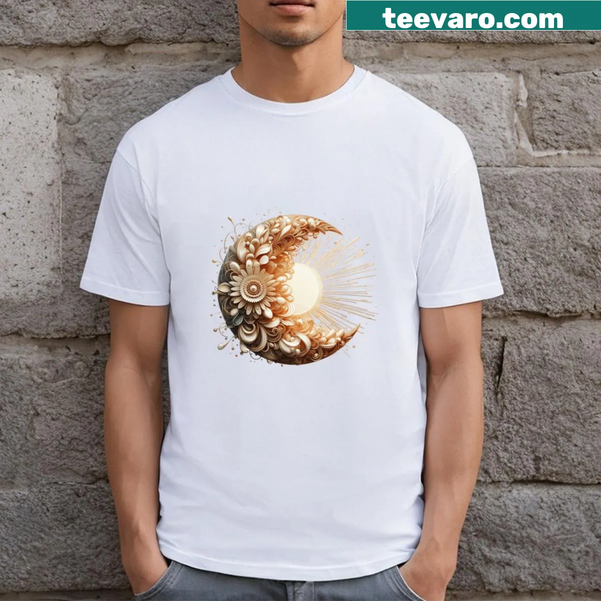 Abstract T-shirt with floral, moon, and sun design — on a men's t-shirt