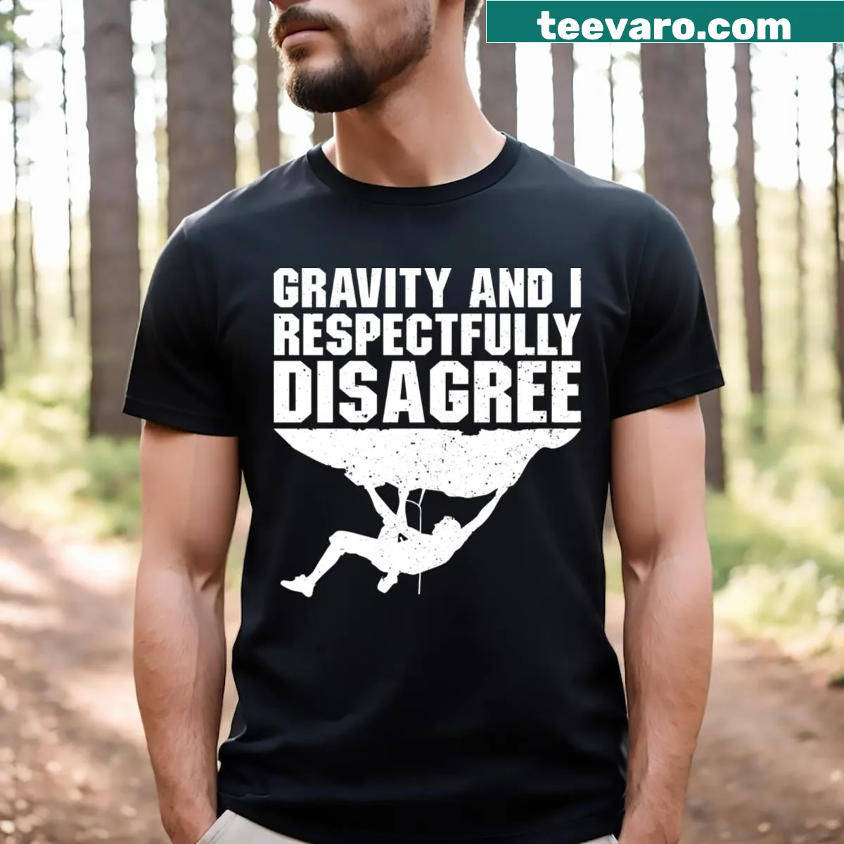 Rock climbing t-shirt with the saying 'Gravity And I Respectfully Disagree' — on a men's t-shirt