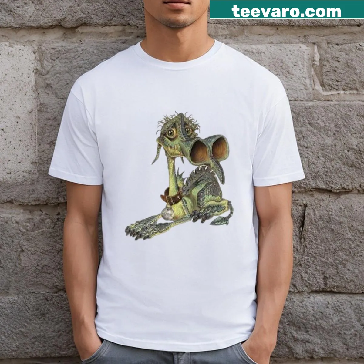 T-shirt featuring a playful illustration of a green swamp dragon. — on a men's t-shirt