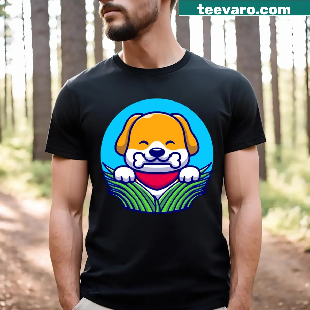 Happy dog and bone illustration T-shirt — on a men's t-shirt