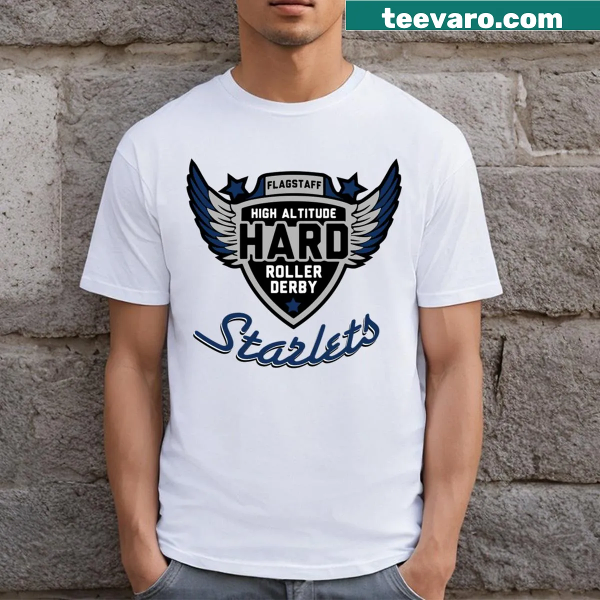 Retro-style t-shirt featuring the Dark Sky Starlets logo for roller sports enthusiasts — on a men's t-shirt