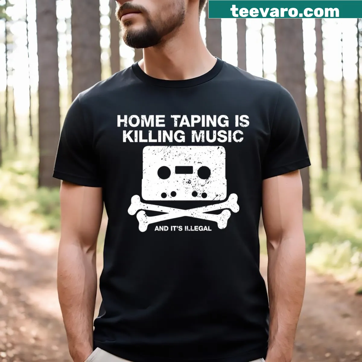 Edgy typography design stating Home Taping Is Killing Music — on a men's t-shirt