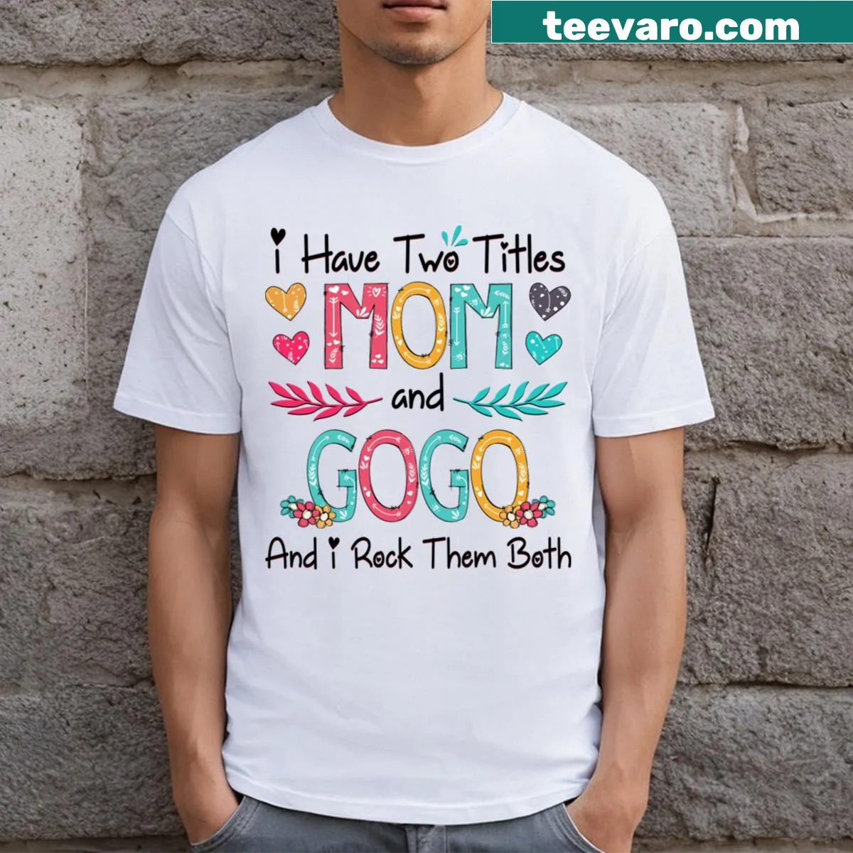 Mother's Day T-shirt featuring the titles 'Mom' and 'Gogo' with whimsical illustrations. — on a men's t-shirt