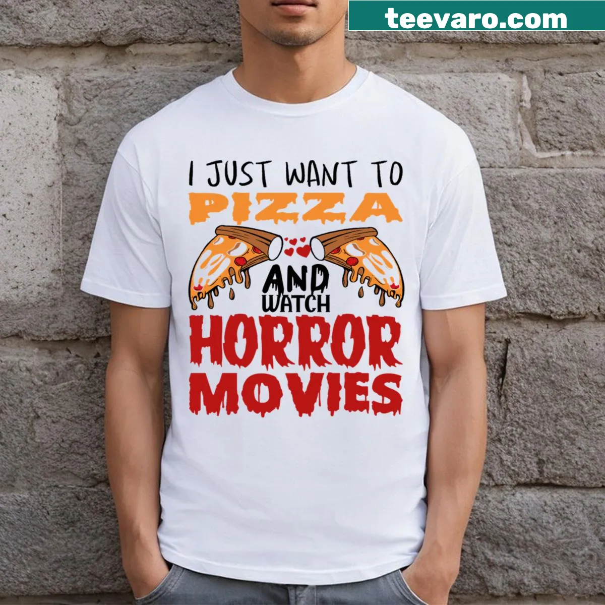 Text design celebrating pizza and horror movie love — on a men's t-shirt