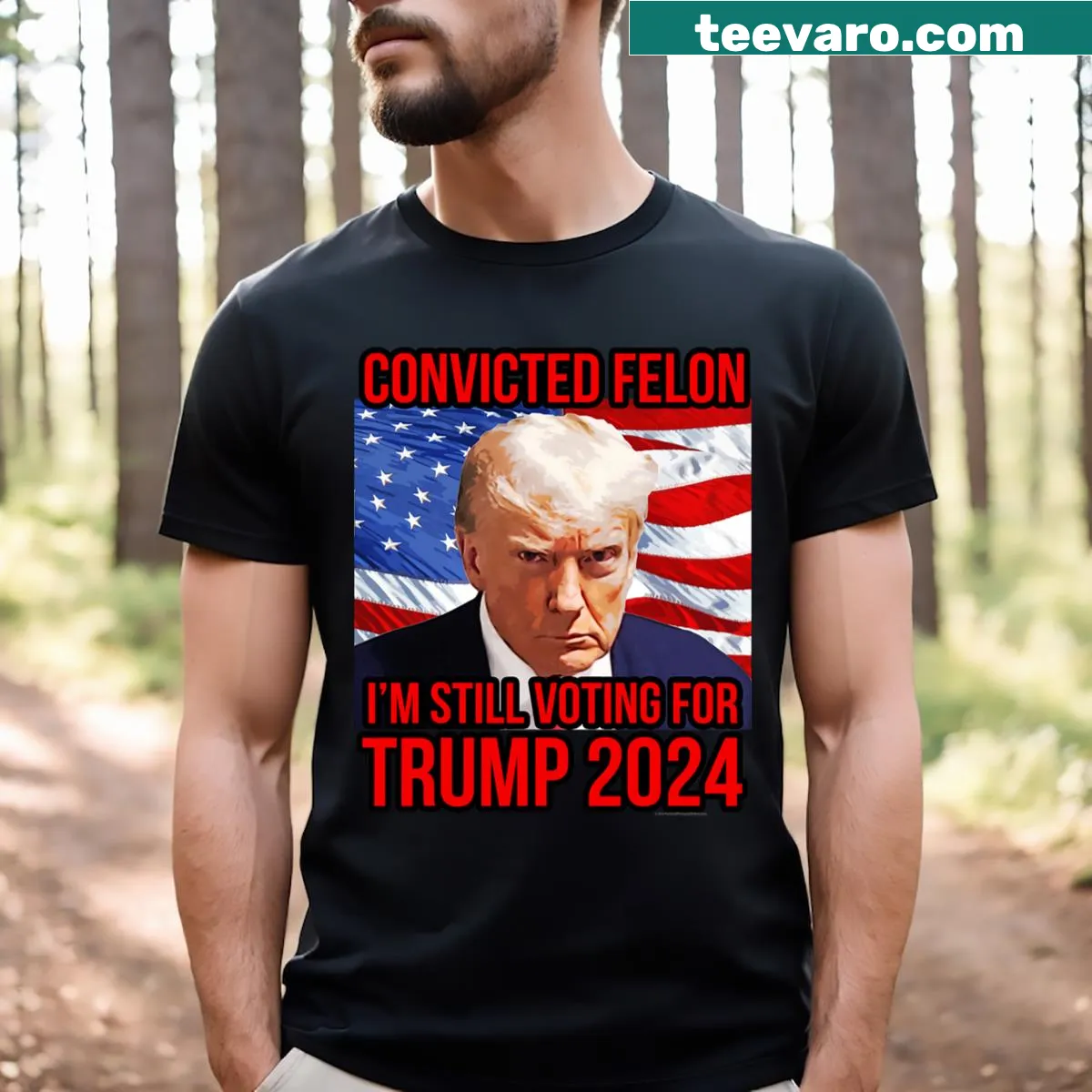 Humorous T-shirt with a convict mug shot and text about voting — on a men's t-shirt