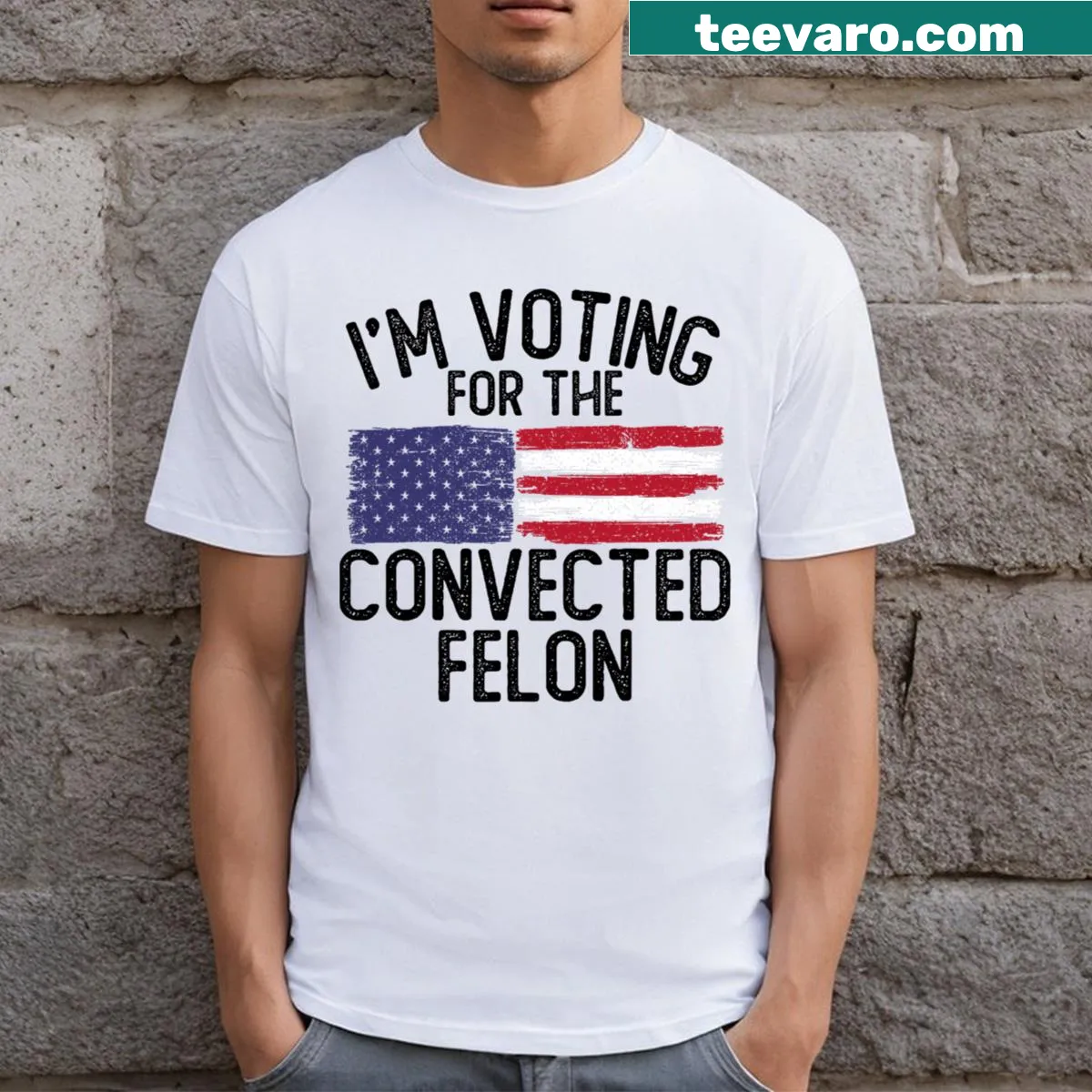 Funny T-shirt with humorous text about voting for felons and Trump — on a men's t-shirt