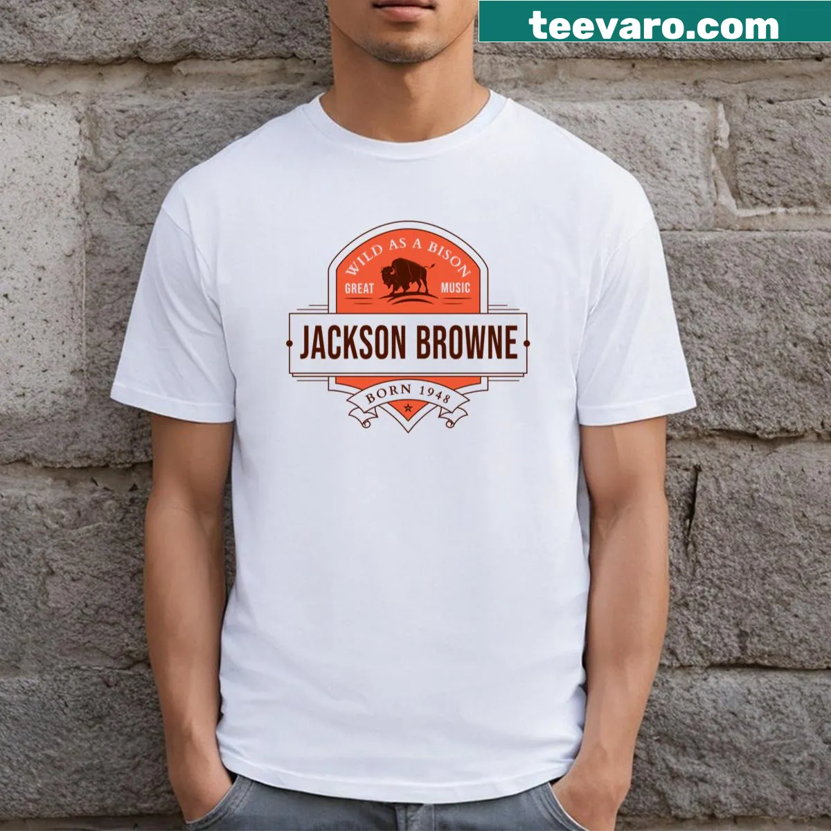 Long t-shirt honoring Jackson Browne with the year 1948 — on a men's t-shirt