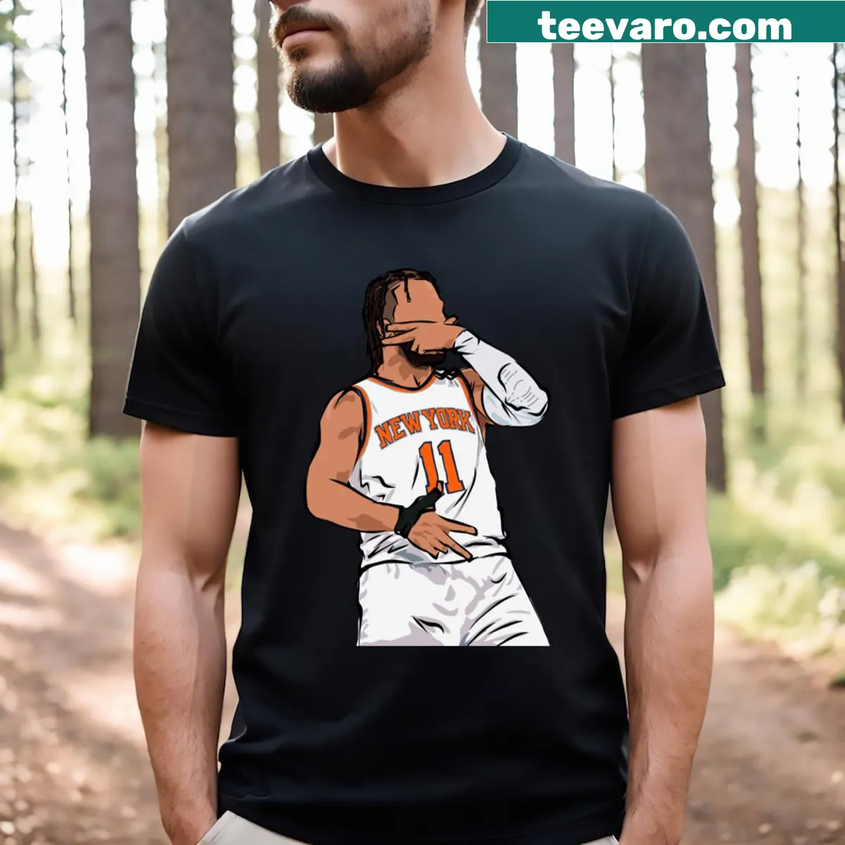 Illustrative sketch of Jalen Brunson celebrating on T-shirt — on a men's t-shirt