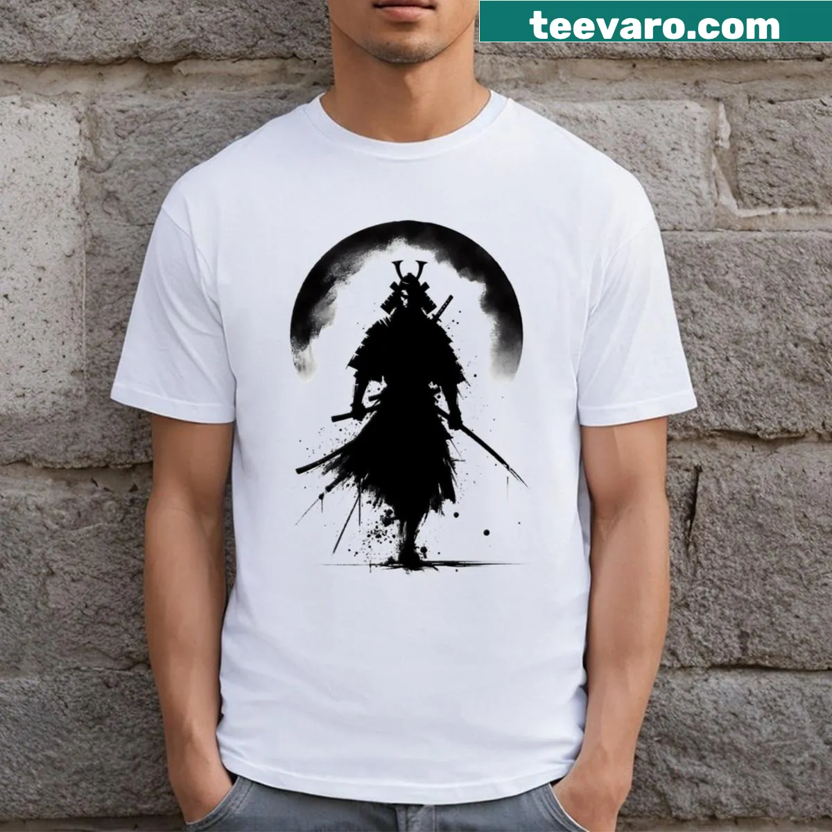 T-shirt featuring an ink design of a samurai with katana — on a men's t-shirt