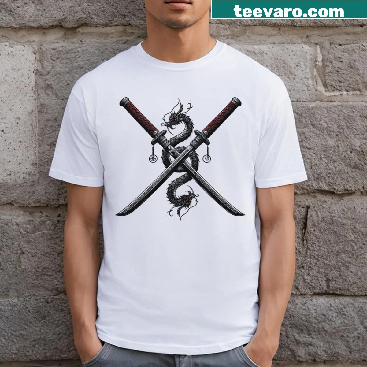 Ink design of a samurai with katana on T-shirt — on a men's t-shirt