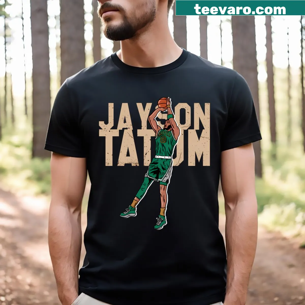 Retro art T-shirt of Jayson Tatum celebrating his basketball career — on a men's t-shirt