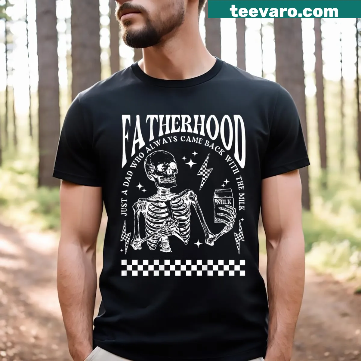 Fatherhood t-shirt with the phrase: Just A Dad Who Always Came Back With The Milk — on a men's t-shirt
