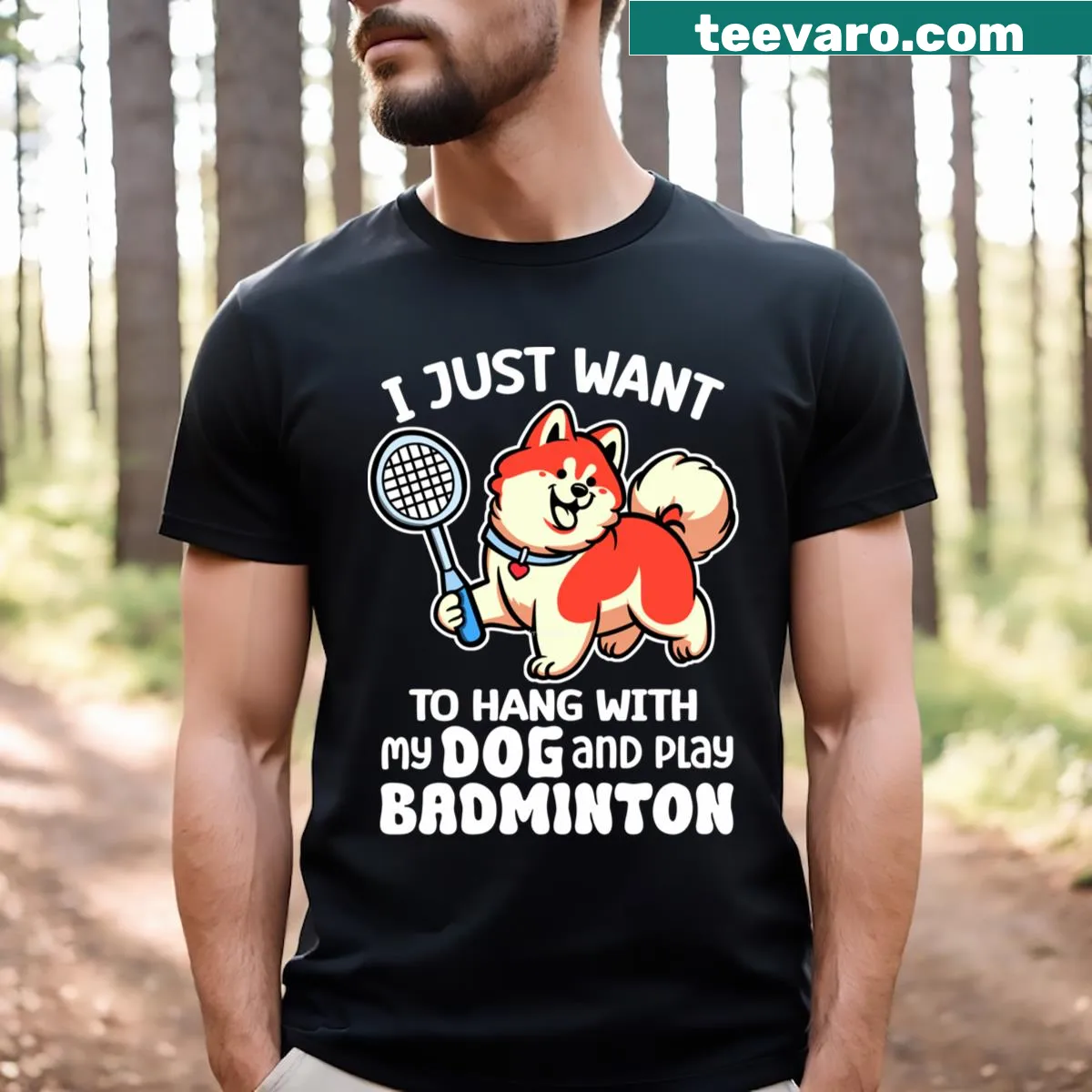 Kawaii Chow Chow T-shirt with cartoon design of a dog playing badminton — on a men's t-shirt