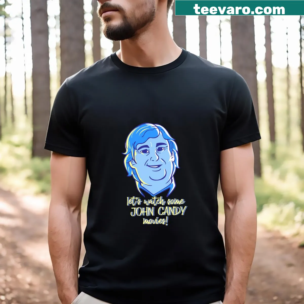 T-shirt celebrating John Candy movies with whimsical illustrations — on a men's t-shirt