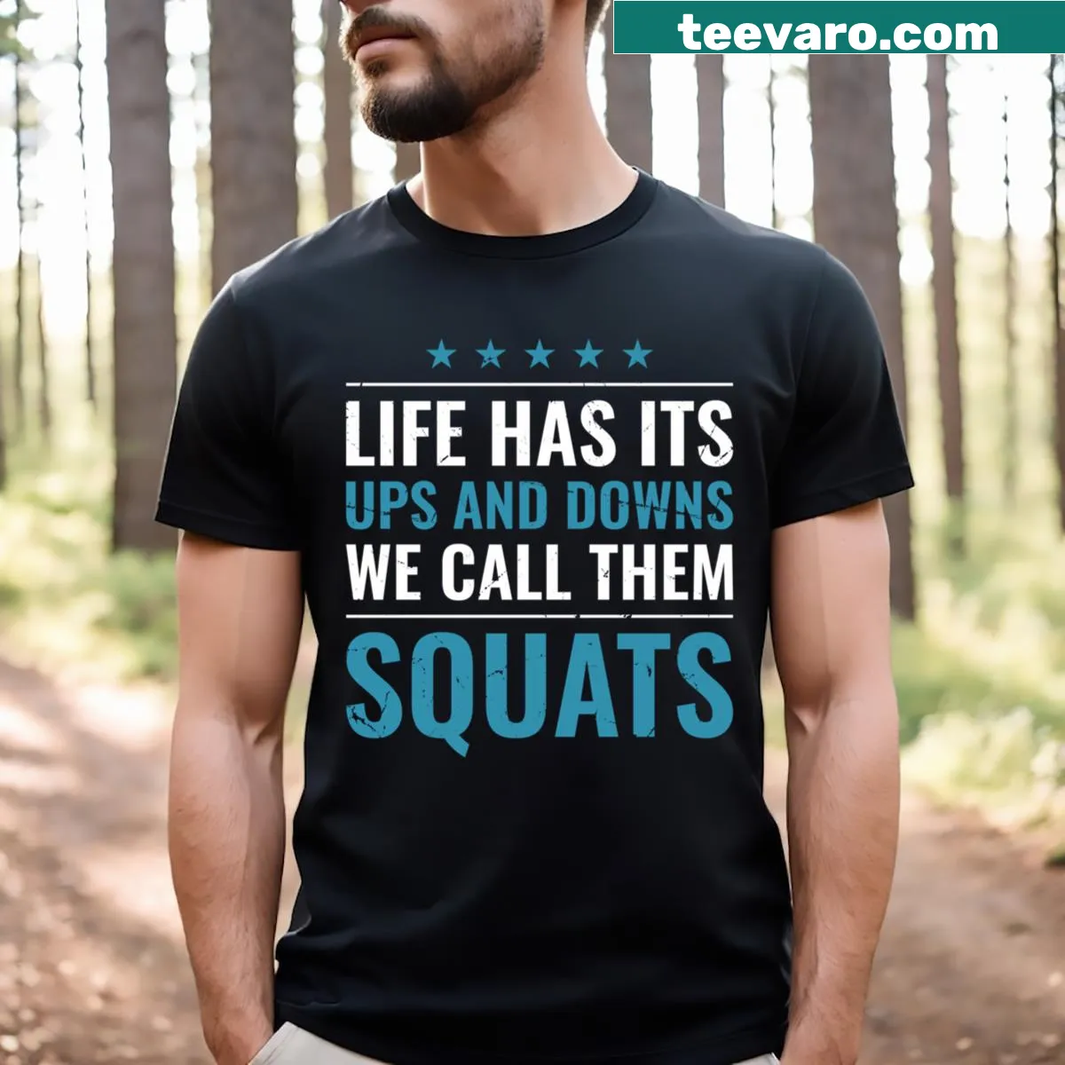 Funny workout t-shirt with squat-related text — on a men's t-shirt