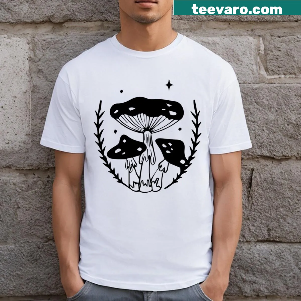 Minimalist line art t-shirt depicting a mushroom — on a men's t-shirt