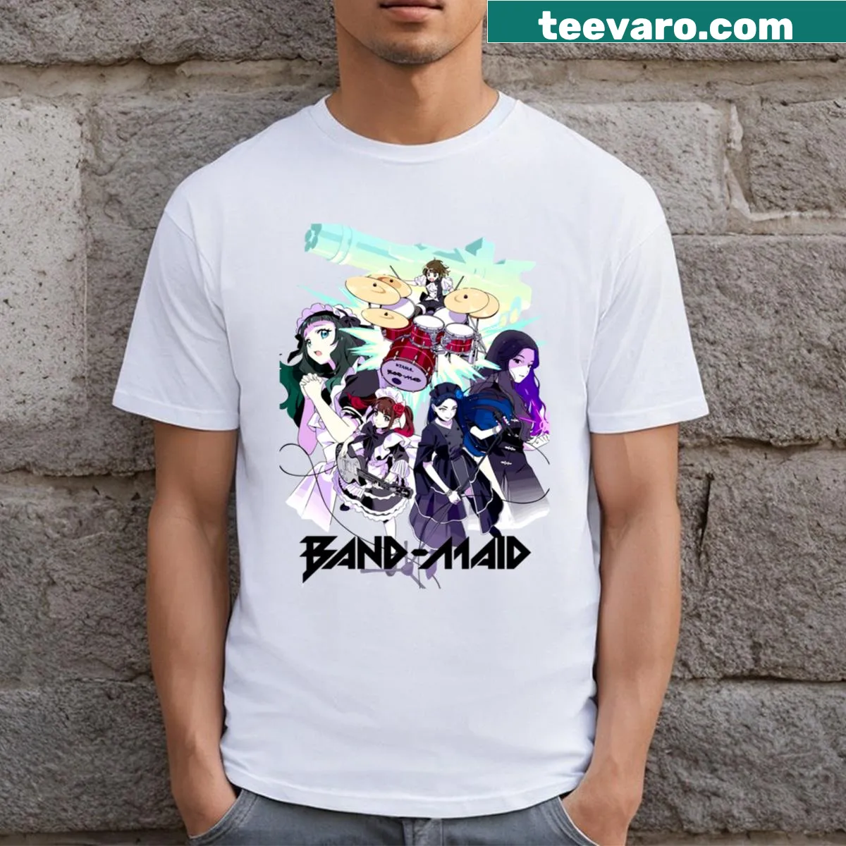 Cartoon-style Maid Of Girl Band t-shirt featuring fun illustrations of band members — on a men's t-shirt