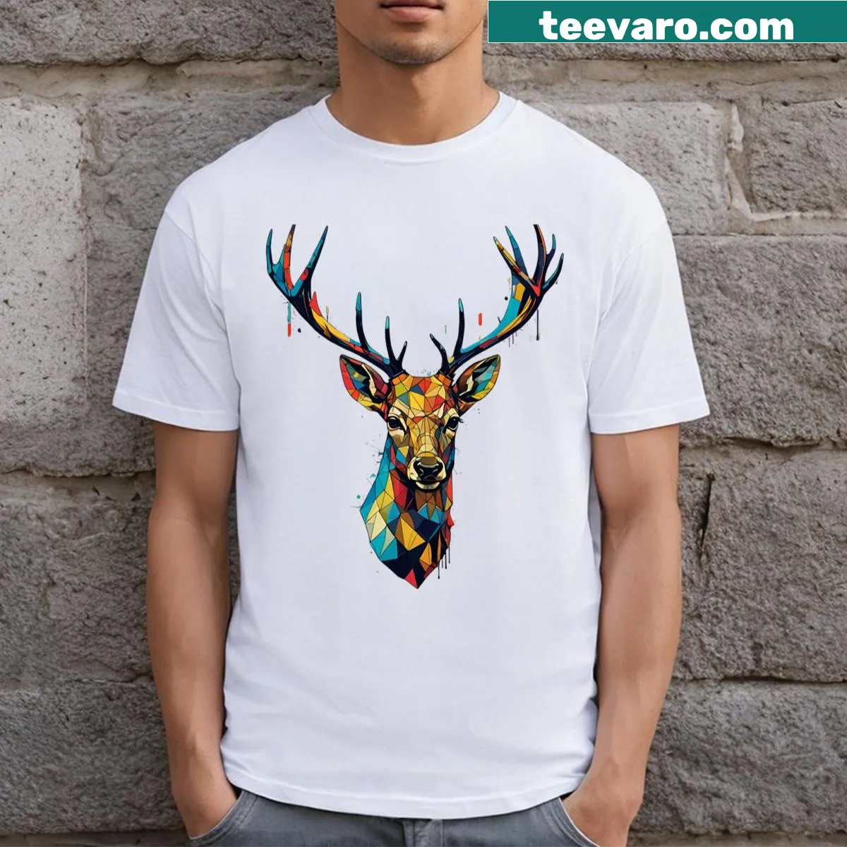 Geometric illustration of a deer head on a t-shirt — on a men's t-shirt