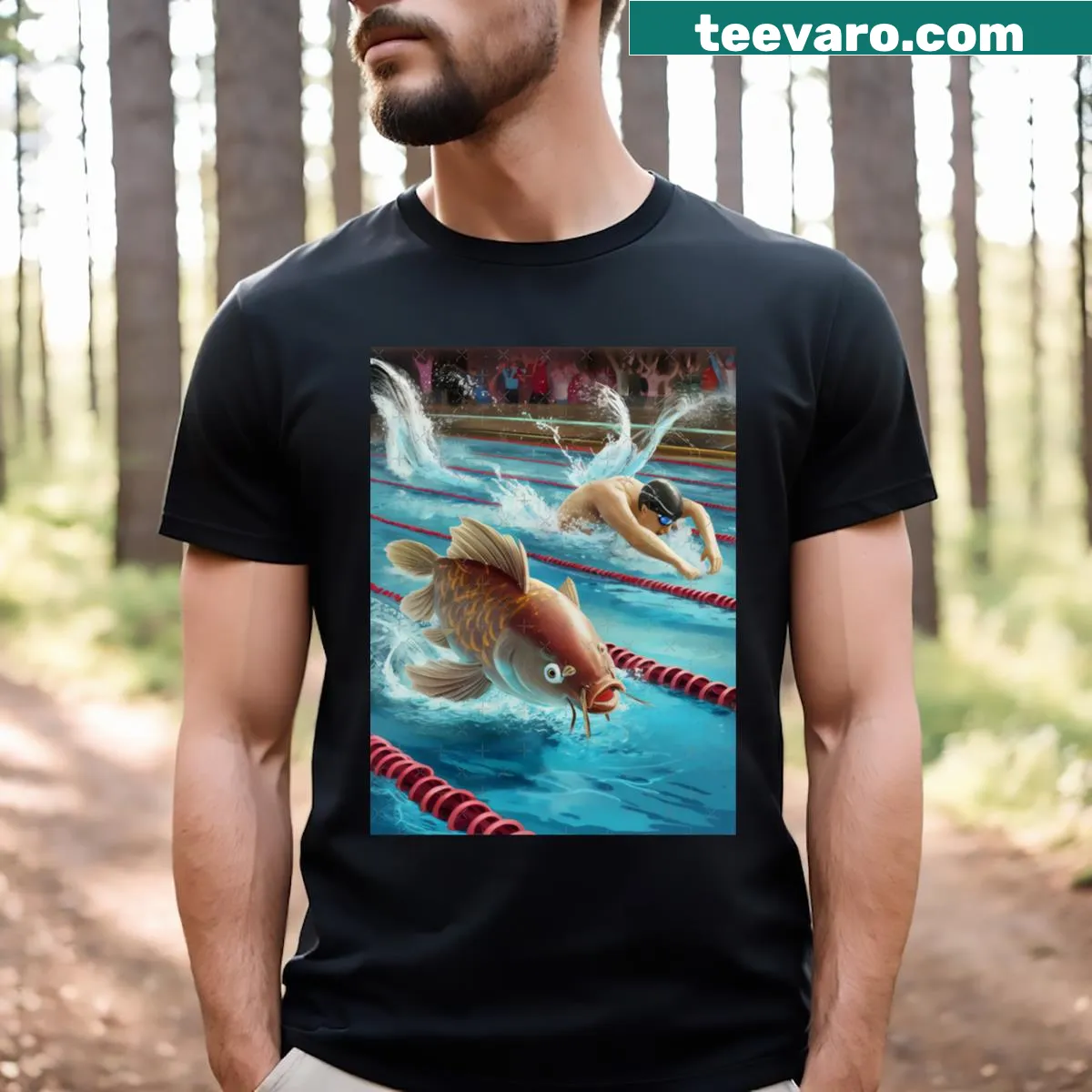 Playful illustration of a man wrestling a carp in water — on a men's t-shirt
