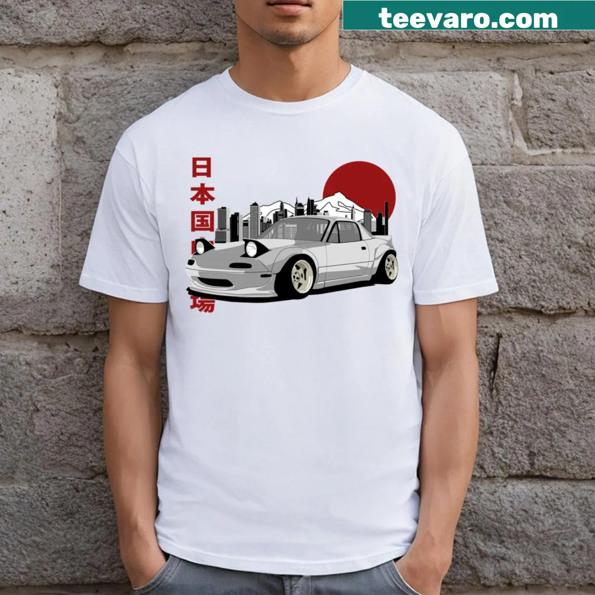 Illustration of a Mazda Miata with pop-up headlights — on a men's t-shirt