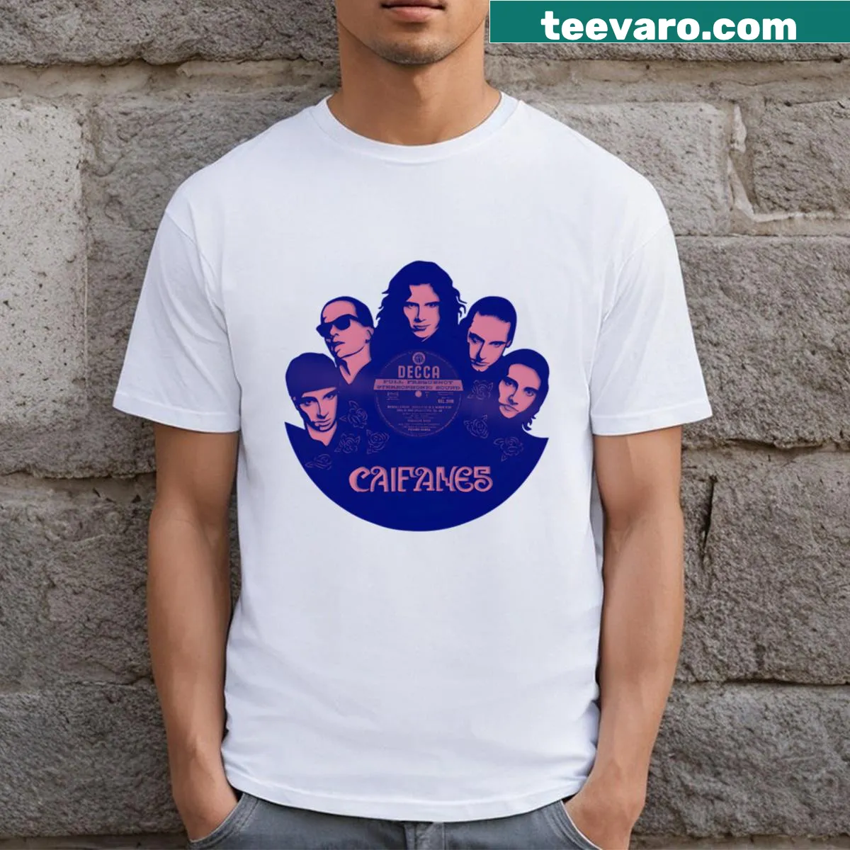Band member T-shirt with bold, straightforward typography — on a men's t-shirt